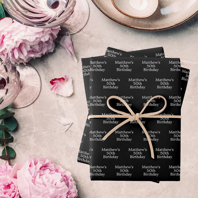 Feuille De Papier Cadeau Script de nom noir blanc d'anniversaire minimalist (Créateur téléchargé)