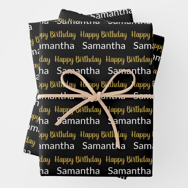 Feuille De Papier Cadeau Script Joyeux Anniversaire Or Noir et Blanc Nom (En situation)