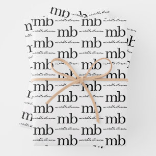 Feuille De Papier Cadeau Script moderne noir blanc tendance Monogramme init