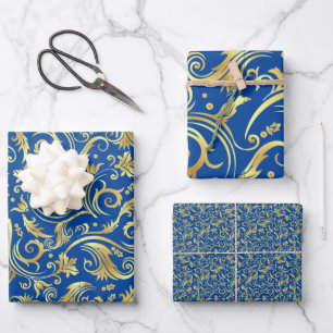 Feuille De Papier Cadeau Scroll d'or et Royal Blue