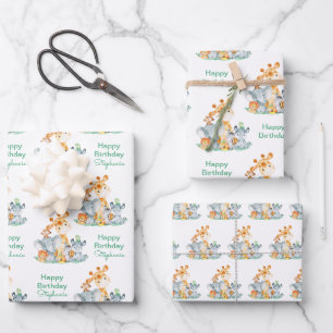 Feuille De Papier Cadeau Sea Green Watercolor Cute Safari Jungle Animaux