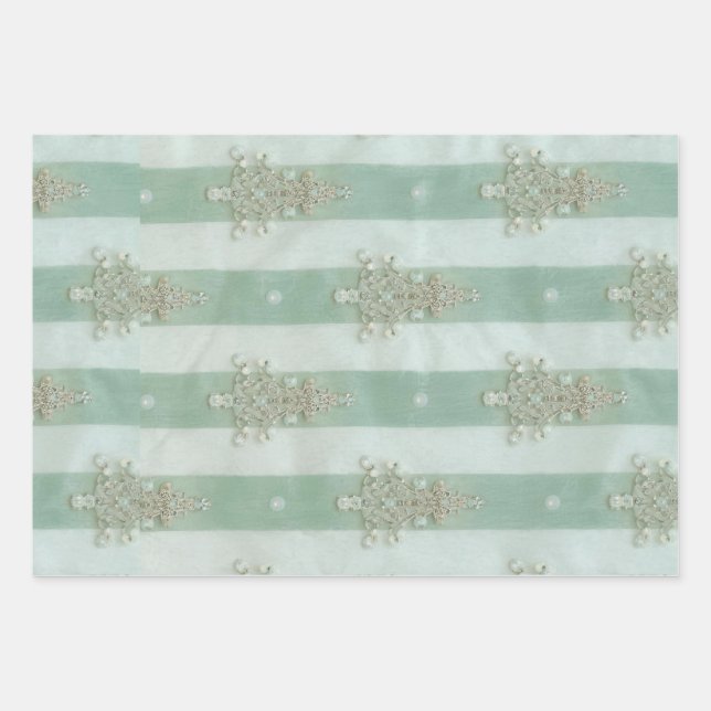 Feuille De Papier Cadeau Seafoam Stiped Velvet-Look Diamond Trees (Devant)