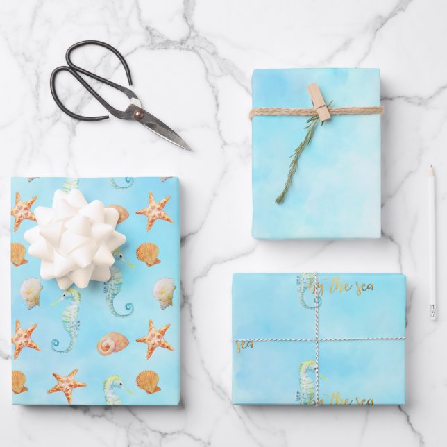 Feuille De Papier Cadeau Seahorse Starfish Coques Peach Aqua Ocean     (Recto)