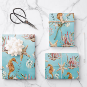 Feuille De Papier Cadeau Seahorses Starfish Sous La Mer Bleue Des Caraïbes