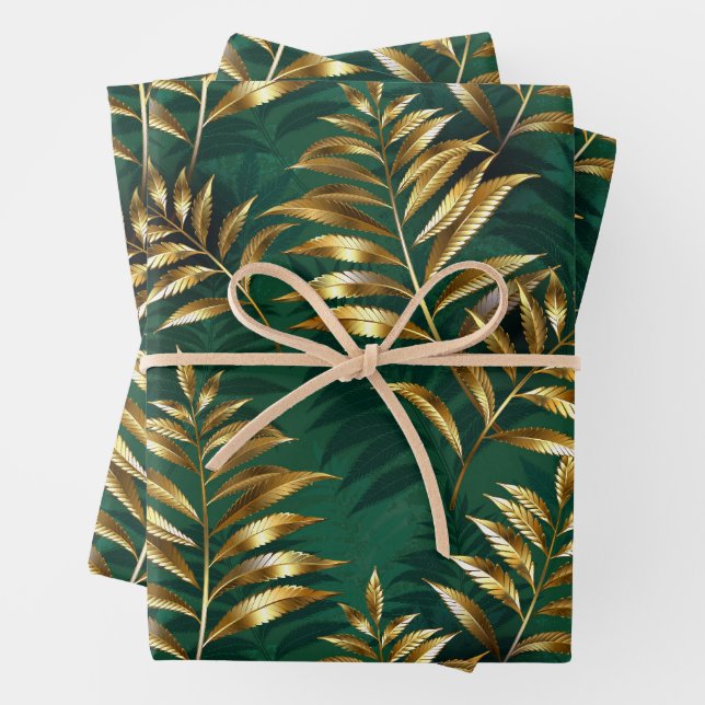 Feuille De Papier Cadeau Seamless pattern with golden ferns (En situation)