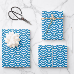 Feuille De Papier Cadeau Seigaiha, Vagues, Japonais, Bleu et Blanc
