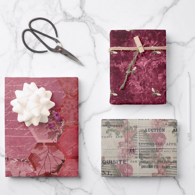 Feuille De Papier Cadeau Série Burgundy Bee Design Five (Recto)
