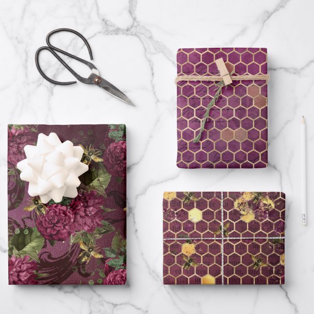 Feuille De Papier Cadeau Série Burgundy Bee Design One (Recto)