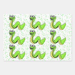 Feuille De Papier Cadeau Serpent jaune vert néon doux souriant sur Pois