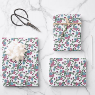 Feuille De Papier Cadeau Set of 3-Boho Floral Pattern in Pink, Taupe & Teal