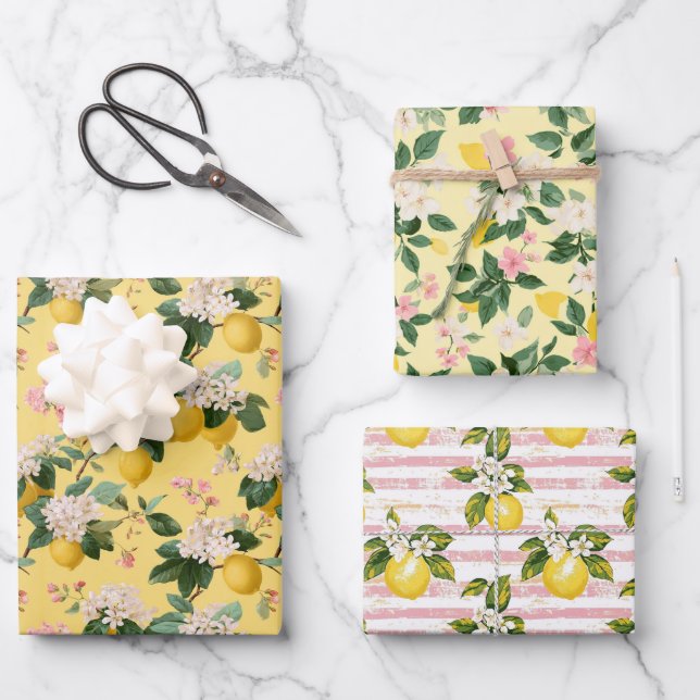 Feuille De Papier Cadeau Shabby Chic citrons rose jaune Amalfi Italie (Recto)