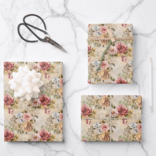 Feuille De Papier Cadeau Shabby Chic Floral sur Beige