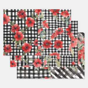 Feuille De Papier Cadeau Shabby Chic Noir & Blanc Plaid Fleurs Rouges Mix