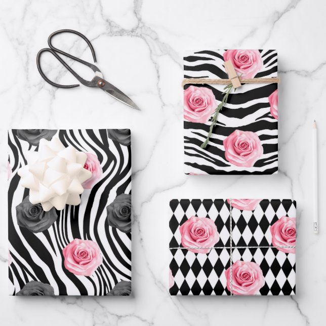 Feuille De Papier Cadeau Shabby Chic rose et noir Rose Zebra Stripes (Recto)