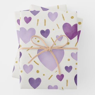 Feuille De Papier Cadeau Shades of Purple Watercolor & Gold Glitter Hearts
