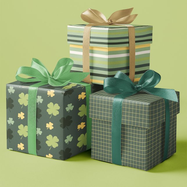 Feuille De Papier Cadeau Shamrock & Lignes Festive Vert & Jaune jeu de 3 (Shamrock & Lines Festive Green & Yellow set of 3 Wrapping Paper Sheets)