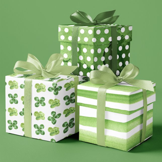 Feuille De Papier Cadeau Shamrock vert/blanc en relief ensemble de 3 (Distressed Green/ White Shamrock Clovers set of 3 Wrapping Paper Sheets)