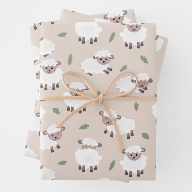 Feuille De Papier Cadeau Sheep & Lamb Cute Hand Drawn Farm Animals (En situation)