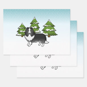 Feuille De Papier Cadeau Shetland Sheepdog Bi-Noir Dans Une Forêt D'Hiver