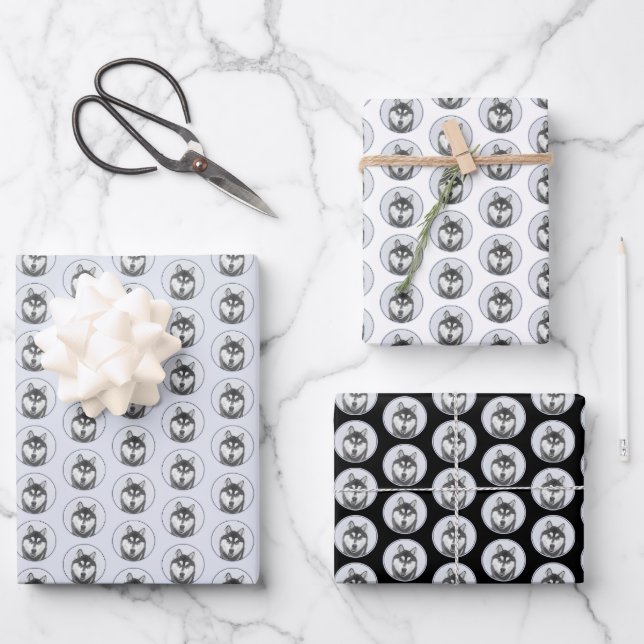 Feuille De Papier Cadeau Sibérie Husky (noir et blanc) Peinture Chien Art (Recto)