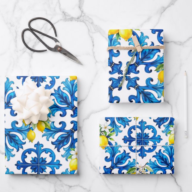 Feuille De Papier Cadeau sicilien, été, citron, mosaïque, bleu (Recto)