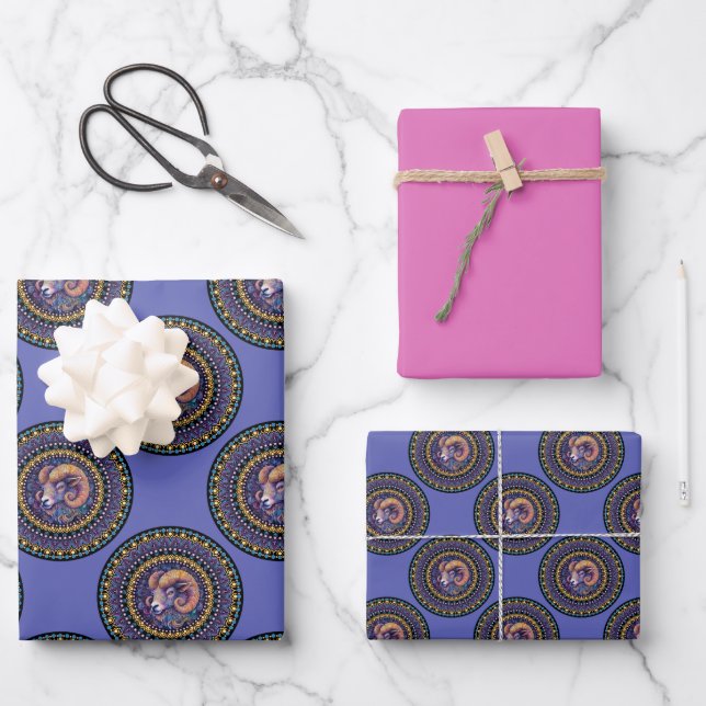 Feuille De Papier Cadeau SIGNE Zodiaque Béliers Jumelés Pointe Mandala (Recto)