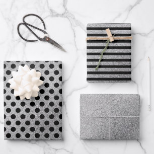 Feuille De Papier Cadeau Silver Black Pois rayures Noël