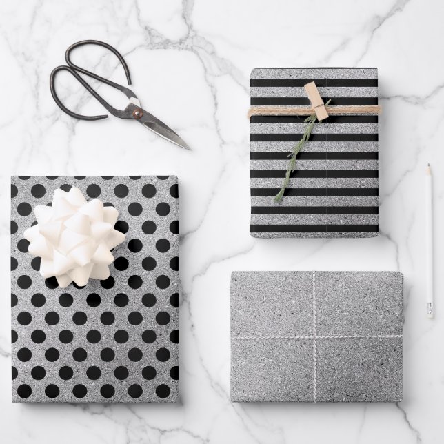 Feuille De Papier Cadeau Silver Black Pois rayures Noël (Recto)