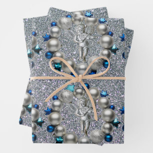 Feuille De Papier Cadeau Silver Blue Christmas Wreath Cherub
