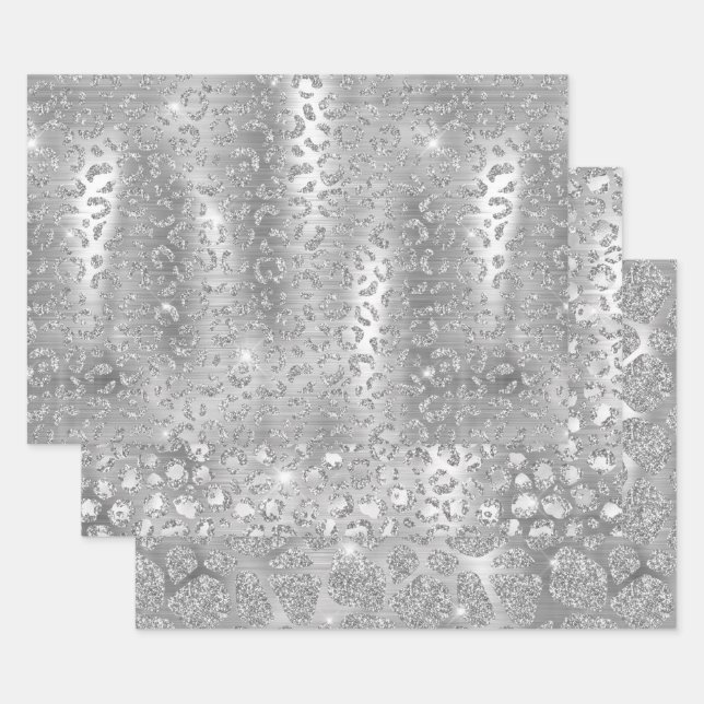 Feuille De Papier Cadeau Silver Glitter Giraffe & Leopard Spots Patterns (Lot)