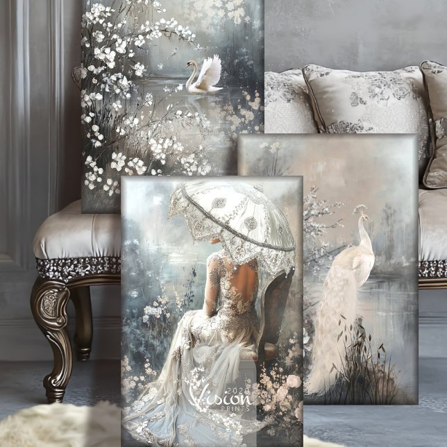 Feuille De Papier Cadeau Silver Lining Romantic Heavyweight Decoupage SET (3 art prints, displayed in front of a luxury Silver blue, entryway background.)