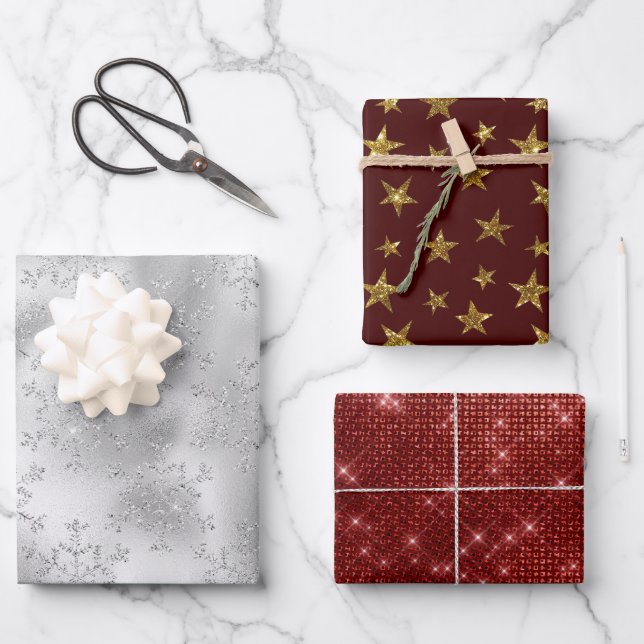 Feuille De Papier Cadeau Silver Snowflakes Gold Stars Red Christmas (Recto)