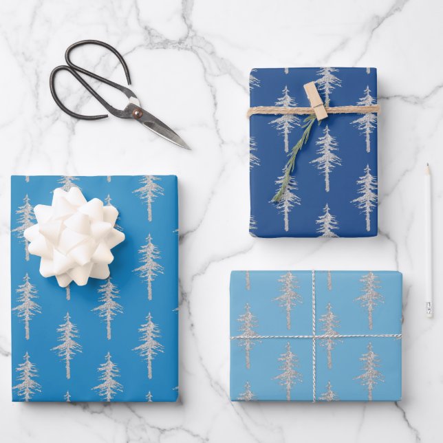 Feuille De Papier Cadeau Silver Woodland Pine Tree Forest Blue Navy Trio (Recto)
