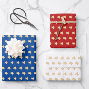 Feuille De Papier Cadeau Simple Gold Star sur Bleu, Rouge, Blanc, Arrière -