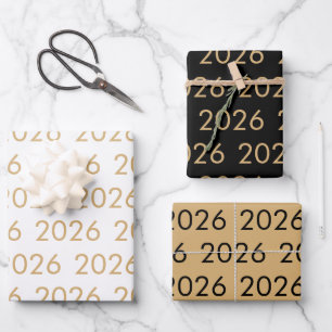 Feuille De Papier Cadeau Simple Motif 2026 Toute année Or Blanc Noir