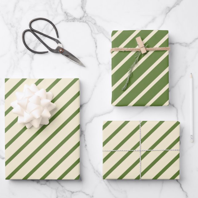 Feuille De Papier Cadeau Simple rayure diagonale de Noël Vert Crème Rétro (Recto)
