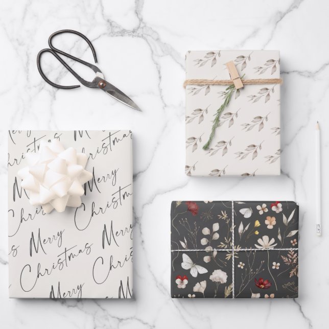Feuille De Papier Cadeau Simple Script Joyeux Noël Boho Fleur Sauvage  (Recto)