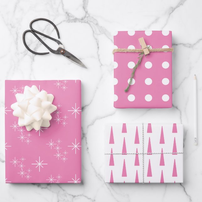Feuille De Papier Cadeau Simples Snowflakes Arbres de Noël rose (Recto)