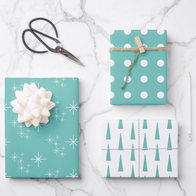 Feuille De Papier Cadeau Simples Snowflakes Trendy Turquoises arbres de Noë (Recto)