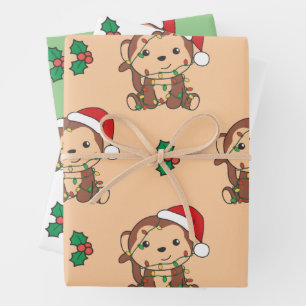 Feuille De Papier Cadeau Singe Noël Hiver Animaux Vacances Singes