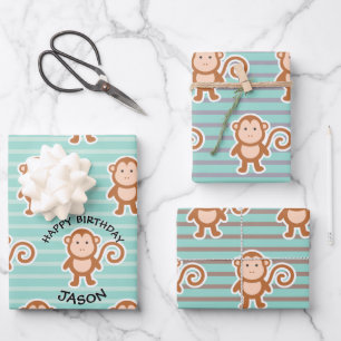 Feuille De Papier Cadeau Singe Stripes Joyeux Anniversaire