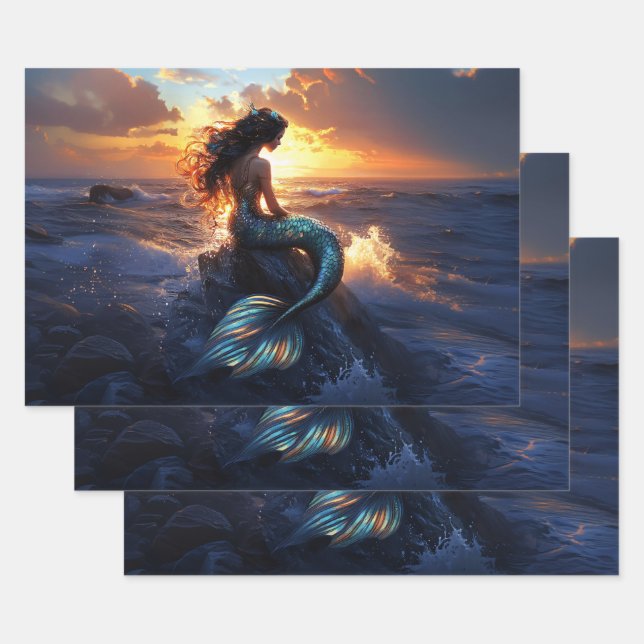 Feuille De Papier Cadeau Sirène du coucher de soleil (Lot)