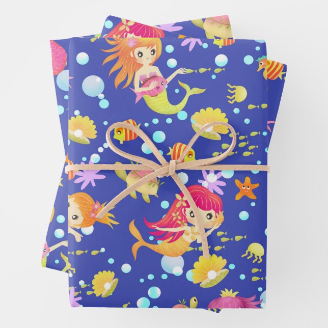 Feuille De Papier Cadeau Sirènes Bleu Navy (En situation)
