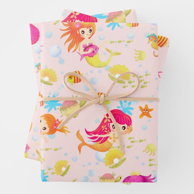 Feuille De Papier Cadeau Sirènes Rose pêche (En situation)