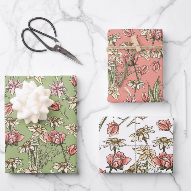 Feuille De Papier Cadeau Sketchy Floral Toutes Occasion Cadeau (Recto)