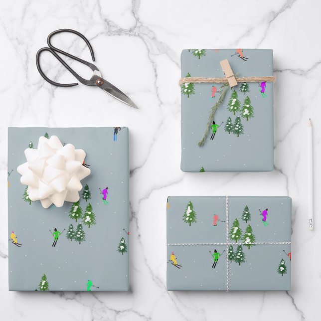 Feuille De Papier Cadeau Ski d'ouverture Noël Ski de vacances Skieurs Bleu (Recto)