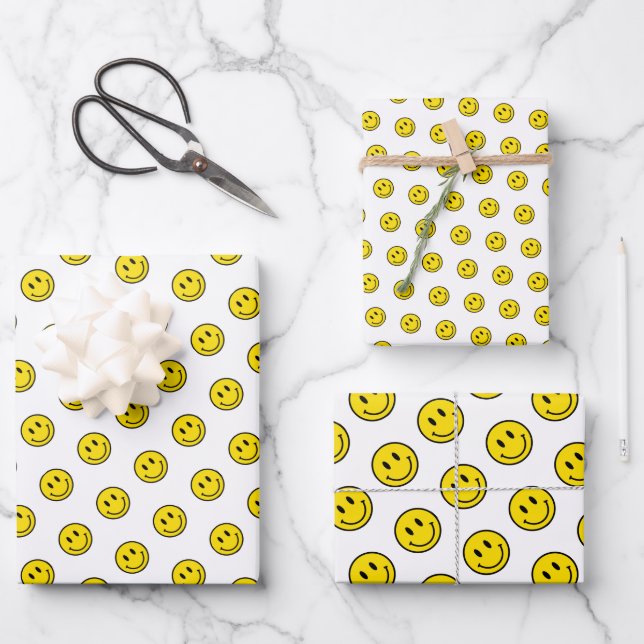 Feuille De Papier Cadeau Smile Face Emojis Joyeux Polka Jaune Point Amusant (Recto)
