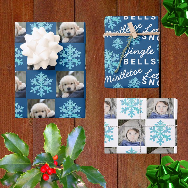 Feuille De Papier Cadeau Snowflake Blue Opal Noël 2 Typographie photo (Créateur téléchargé)