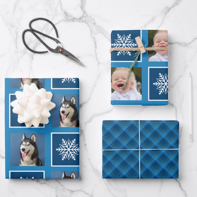 Feuille De Papier Cadeau Snowflake & Favoris 2 Photo. Bleu. (Recto)