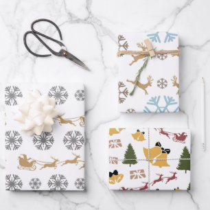 Feuille De Papier Cadeau Snowflakes, cerfs, arbres et cloches minimalistes